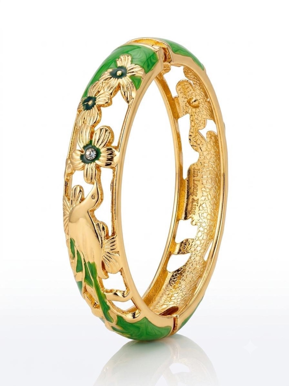 Gold-tone Green Enamel Floral Elephant Bangle Bracelet